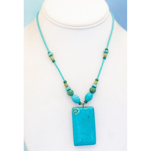 17 inch, Vintage Stone Blue Rectangular Pendant Stylish Beads Necklace - N30 - Picture 2 of 3